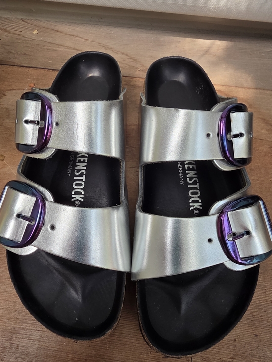 Birkenstock Shoes - Birkenstock Arizona Metallic Silver Slide Sandals with Iridescent Buckles